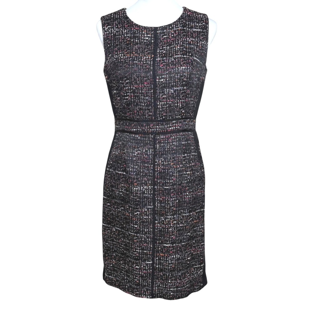 Ann‎ Klein Jewel Neck Sleeveless Tweed Sheath Dress Black Multi Color Size 6